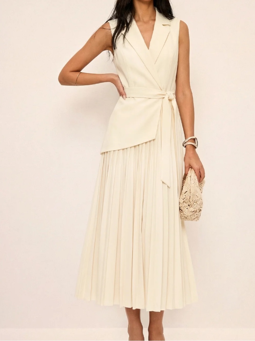 Commense Cream Sleeveless Pleated Blazer Midi Maxi Dress XL